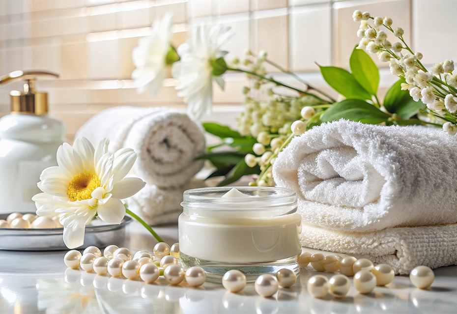 Luxury spa treatment setting with towels, flowers, and skincare cream in South Carolina