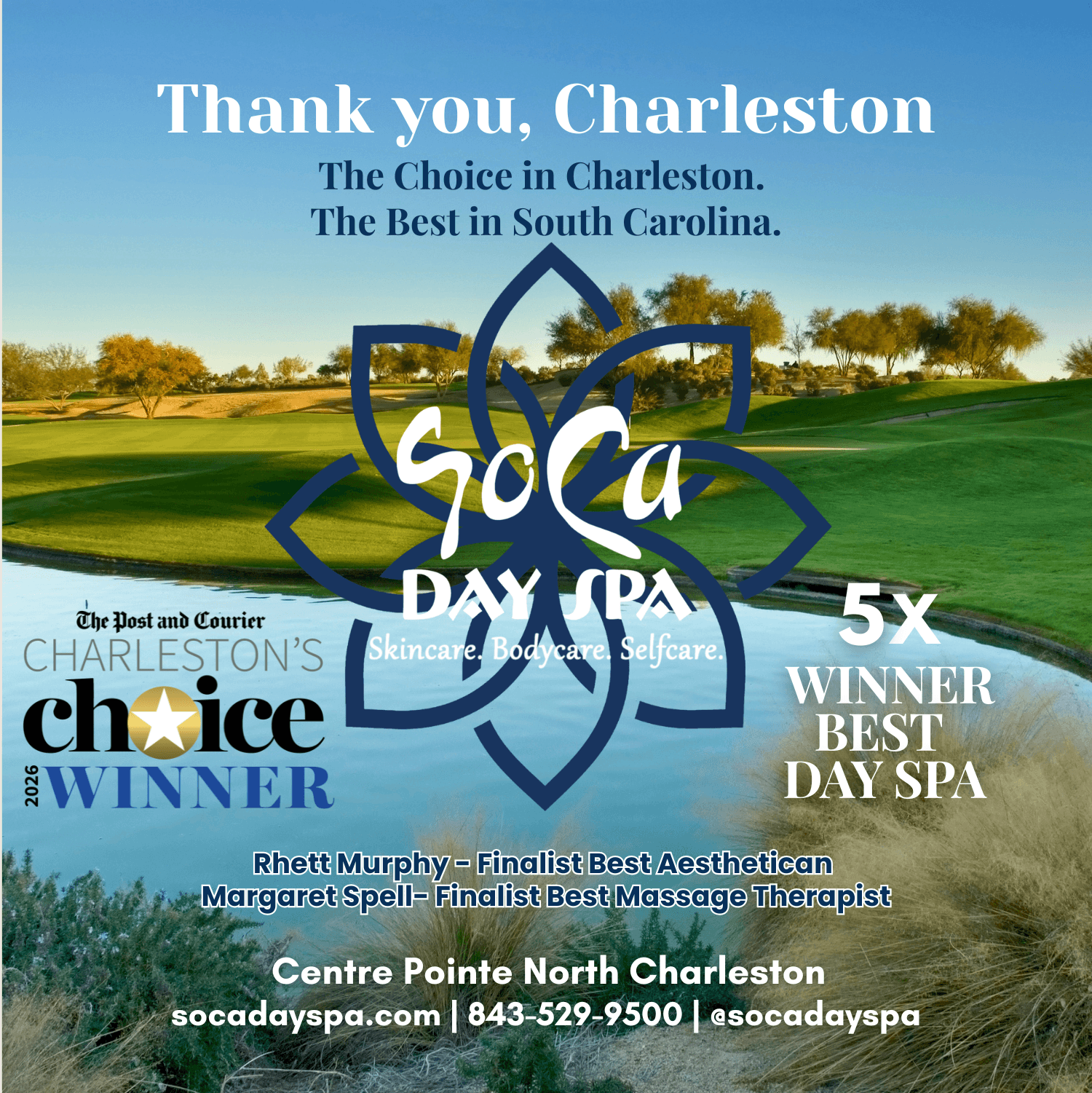 SoCa Day Spa celebrating 2026 Charleston's Choice award in North Charleston, SC