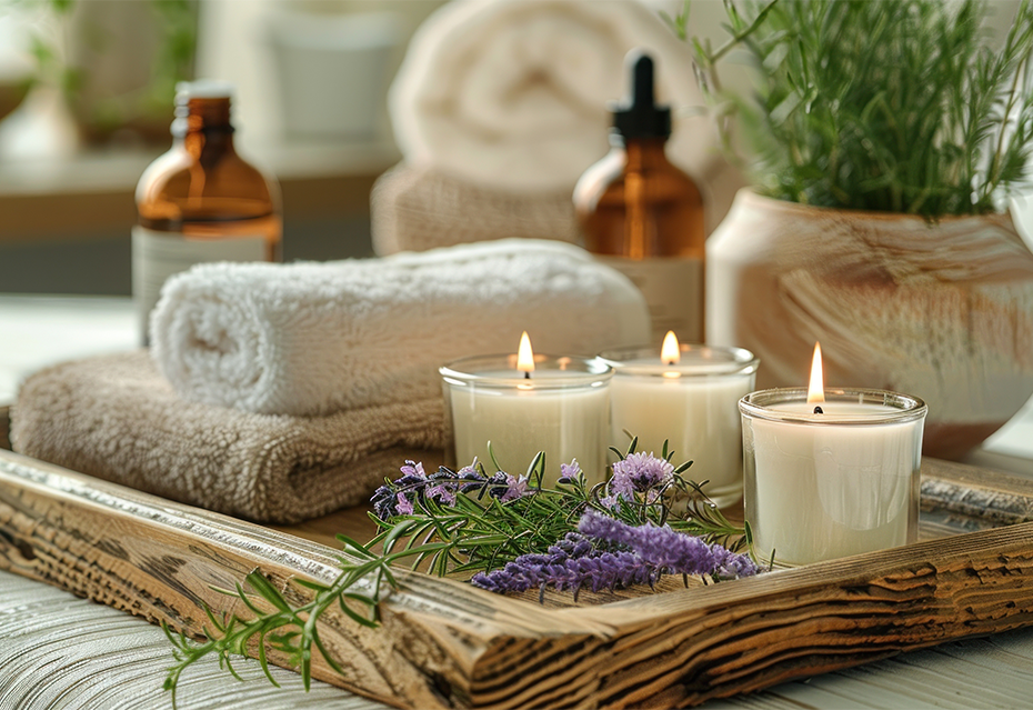 Day spa treatments with candles, towels, and natural botanicals in South Carolina